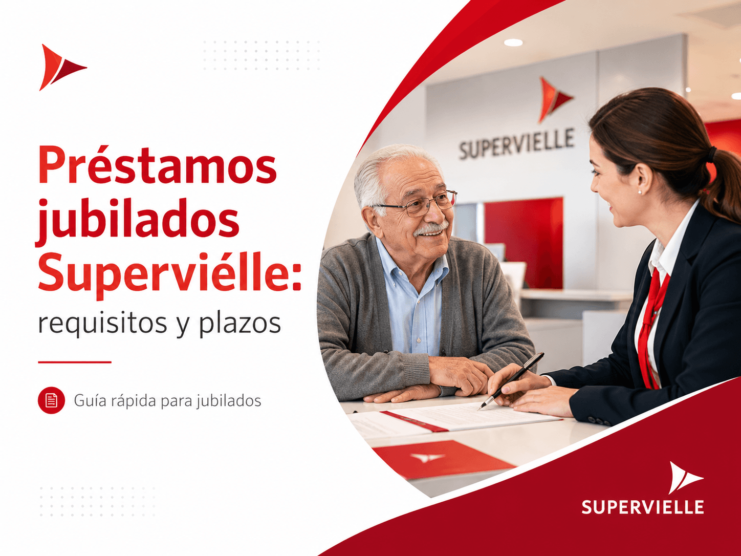 Jubilado argentino sonriendo mientras una asesora de Banco Supervielle le explica las opciones de préstamo personal en sucursal